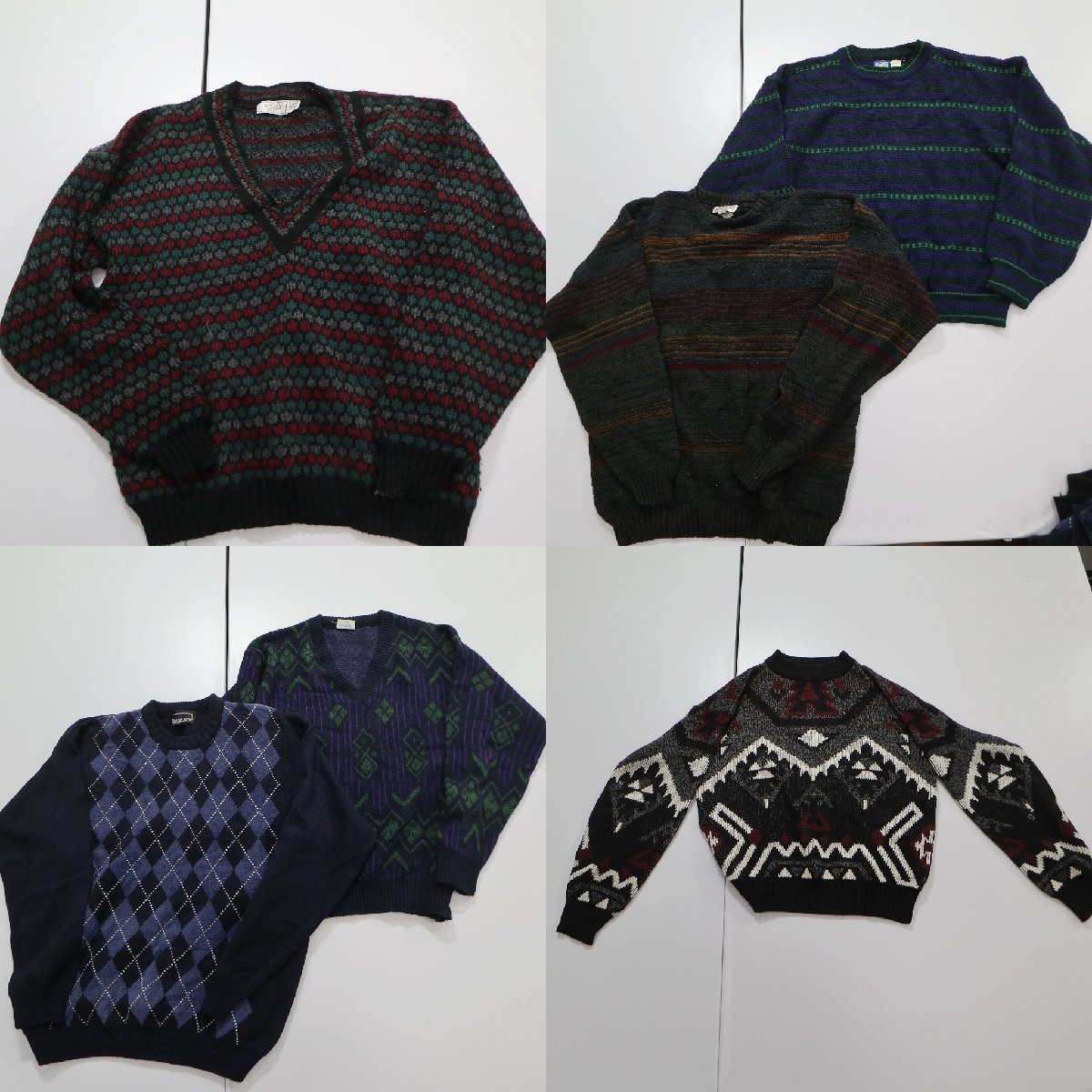 ◎アクリルニット 柄MIX set アーガイル Vネック 古着 他 (メンズL) 6枚セット まとめ売り 古着卸 1円スタート KN7 MP7838