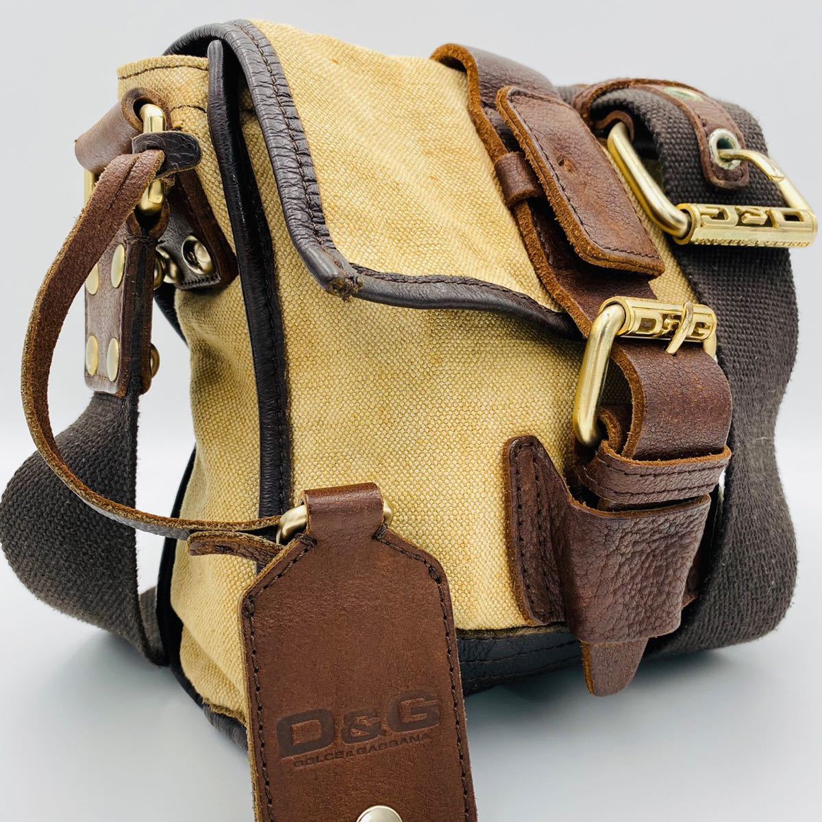 1円 入手困難 良品 ドルチェアンドガッバーナ DOLCE&GABBANA メンズ ショルダーバッグ サコッシュ ポシェット キャンバス×レザー ベージュ