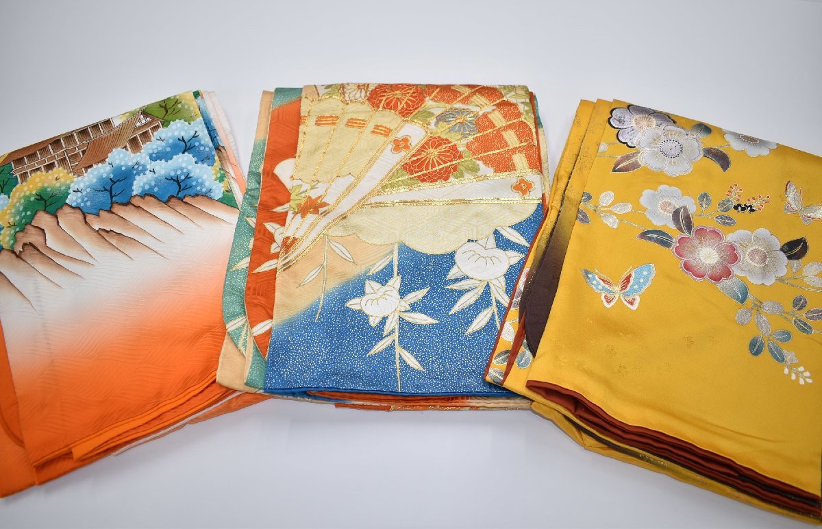 『つむぎや』M169 正絹 振袖 友禅加工 金彩加工 ぼかし染め 金駒刺しゅう アゲハ蝶 扇子 菊 桜 黄/朱色 まとめて3枚 リメイク素材 同梱不可