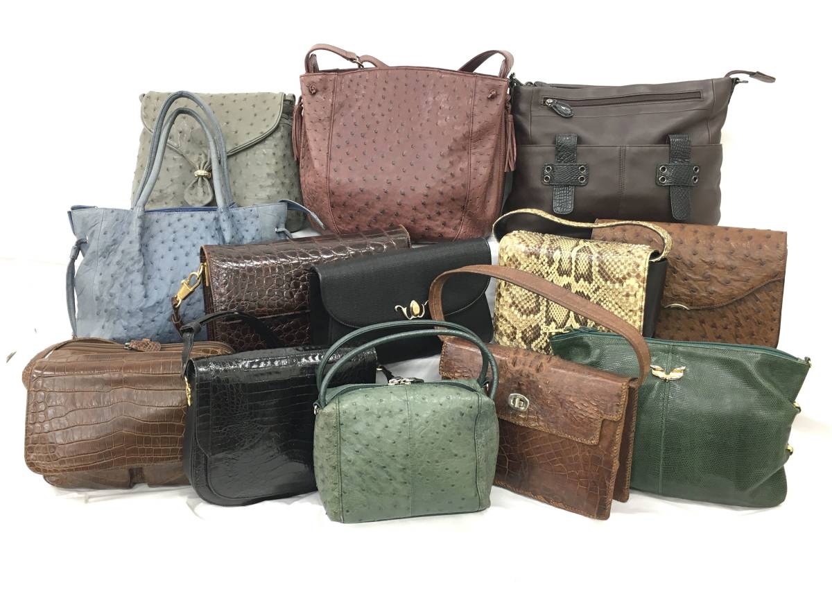 156 エキゾチックレザー オーストリッチ クロコ 他 革バッグ13点セット トップハンドル デザインバッグ フロント金具 ハンドバッグ