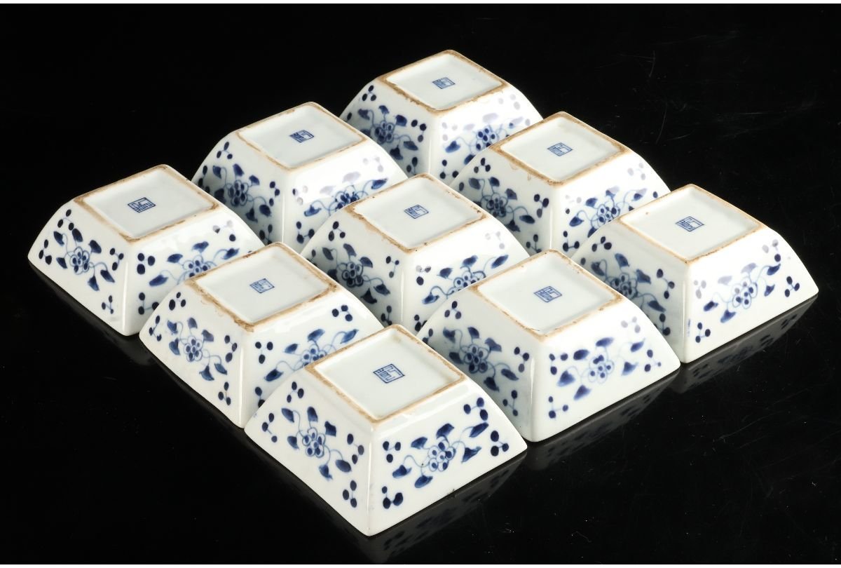 URA]伊万里染付桐鳳凰文角向付9客/4-9-197 (検索)骨董/伊万里焼/古