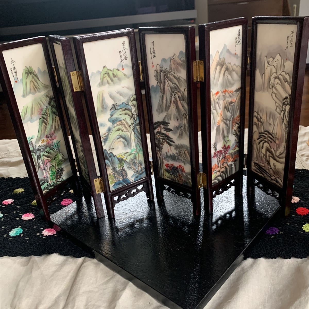 中国彩色白雲石絵両面屏風 (屏風)｜売買 「花鳥」と「山水画」中国美術