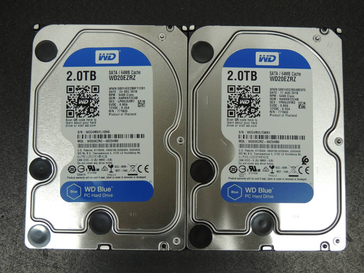 【2台まとめ売り/検品済み】WD 2TB HDD WD20EZRZ 【使用時間1383h・1968h】 管理:キ-50