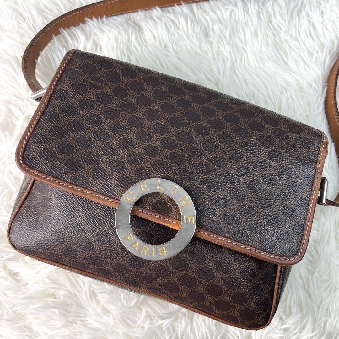 １円 希少 CELINE セリーヌ ショルダーバッグ サークル ロゴ金具 マカダム PVC レザー 肩掛け ポーチ サコッシュ