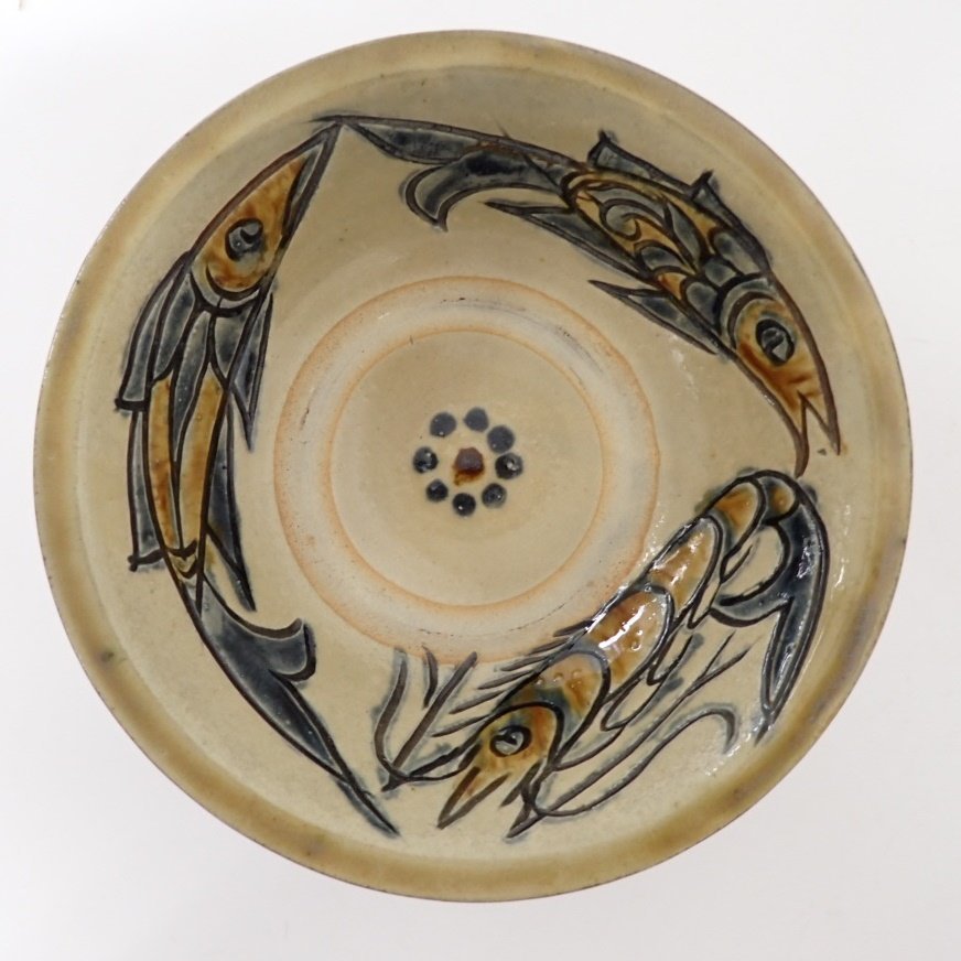 ☆人間国宝 金城次郎 壺屋焼 海老魚文 鉢 19cm/陶磁器/琉球陶器 