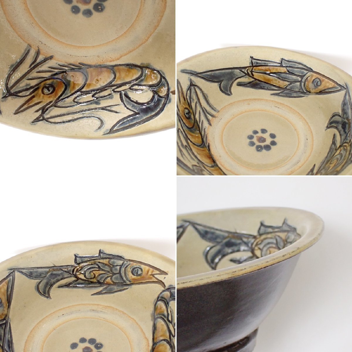 ☆人間国宝 金城次郎 壺屋焼 海老魚文 鉢 19cm/陶磁器/琉球陶器 