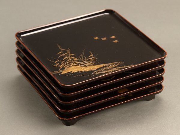 扇屋 時代 【103】茶懐石道具 時代黒四方草花蒔絵折敷 盆 五客 光琳