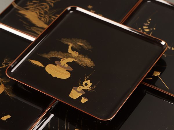五客 CH74 花鳥金蒔絵 黒塗吸物膳 足付 隅切四方膳