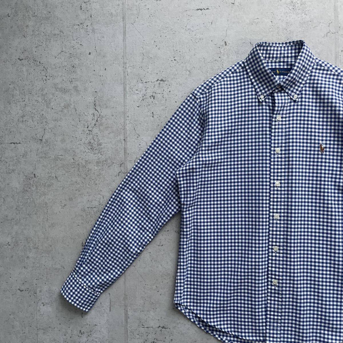 ポロラルフローレン スモールポニー ギンガムチェック オックスフォードシャツ ブルー×ホワイト S rrl ラルフローレン