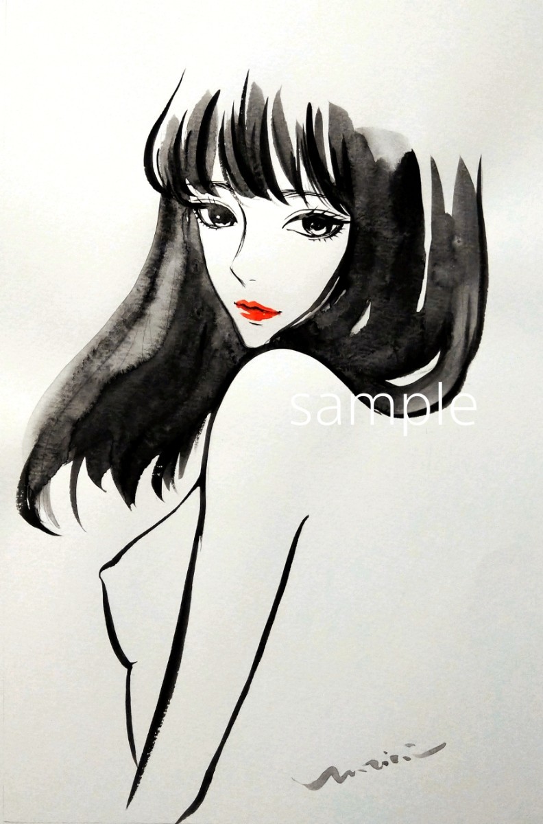 肉筆原画 ドローイング 手描きイラスト 水彩画 美人画 絵画 A4 mucica 
