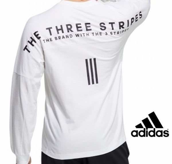 新品 ゴルフにも◎ アディダス 【THE THREE STRIPES】 背面ロゴ クルーネック 長袖シャツ 2XL/XXL 白 ホワイト 袖リブ 刺繍ロゴ adidas