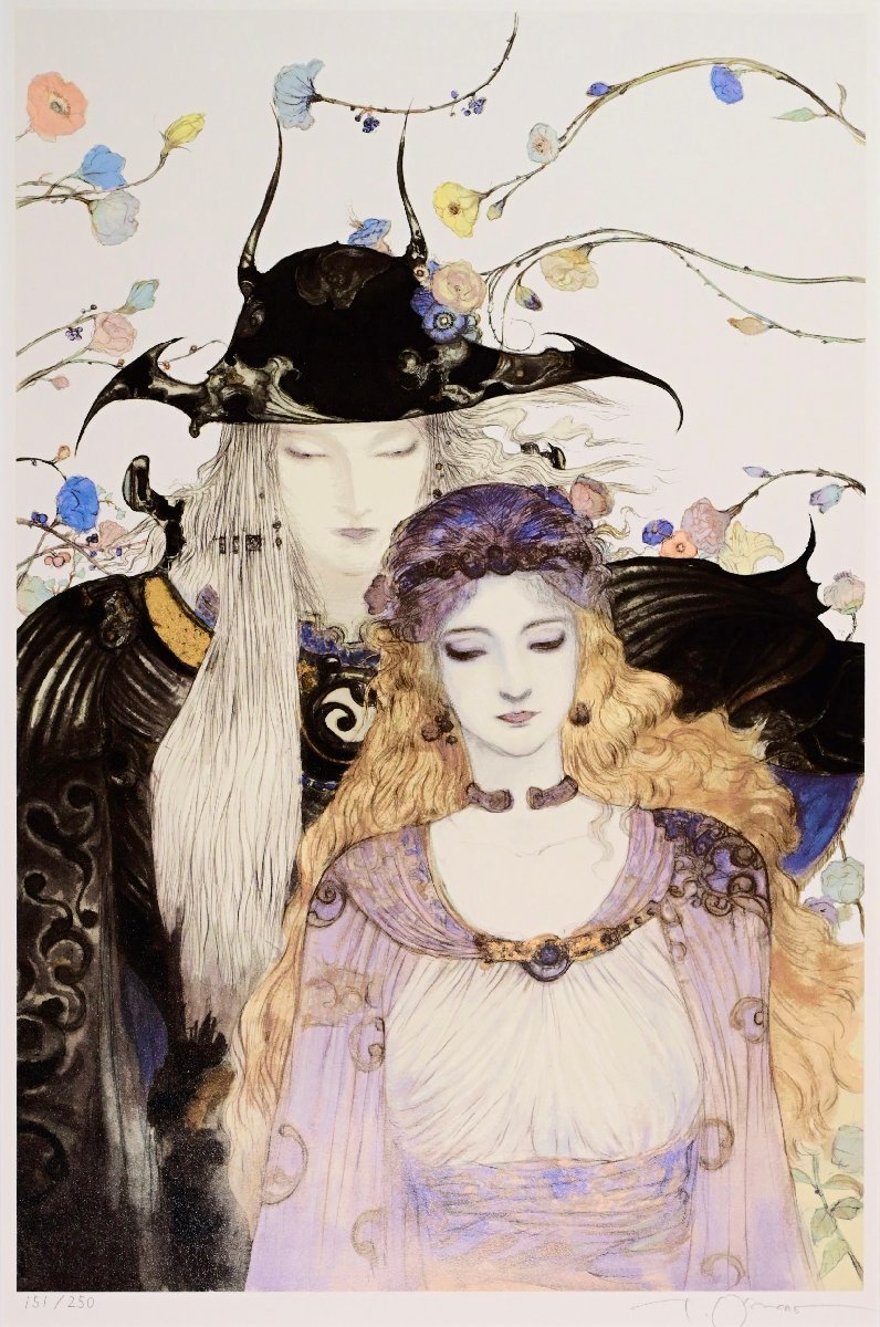 【真作】天野喜孝『花と騎士』 151/250 シルクスクリーン 直筆サイン保証書 額装 緑和堂