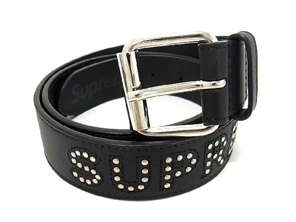1円■極美品■ Supreme シュプリーム レザー スタッズ シルバー金具 ベルト 表記サイズ S/M メンズ レディース ブラック系 AQ8369