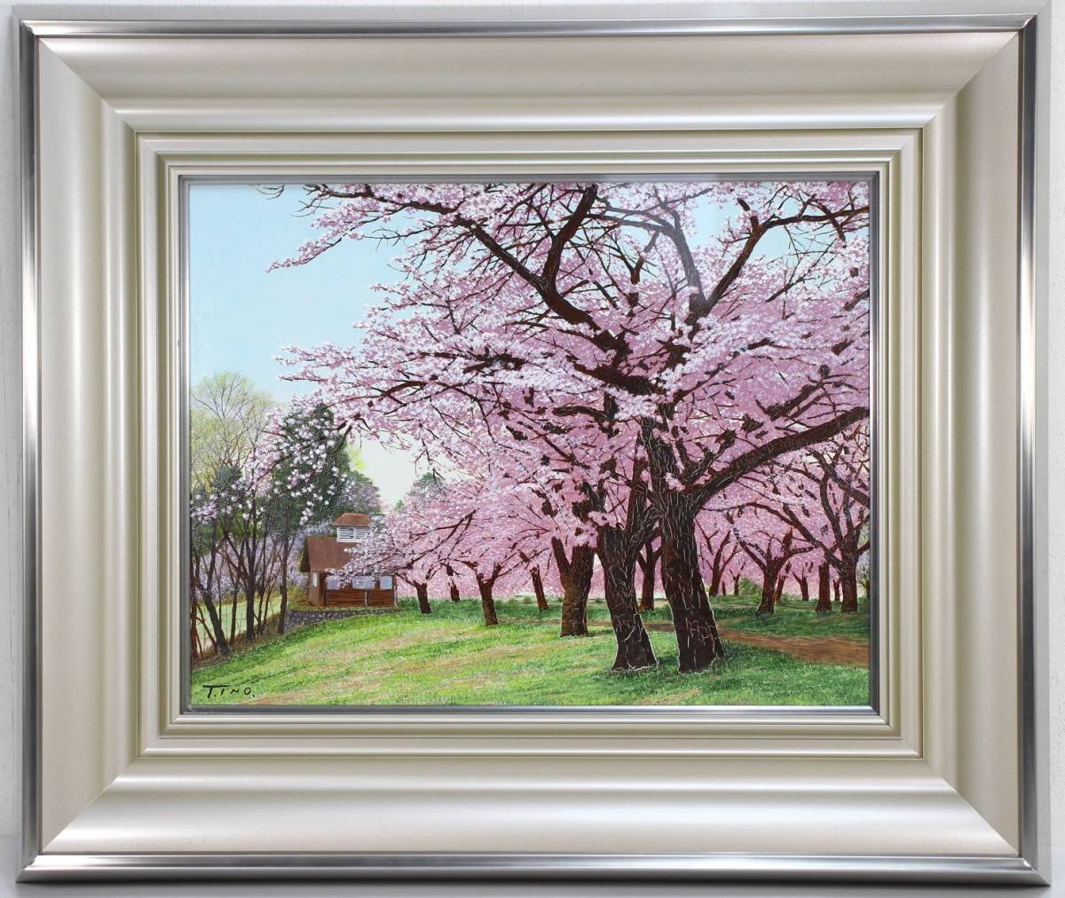 真作保証】 猪野敏雄 『桜花の羊山公園』 肉筆 油彩画 F6号 タトウ箱