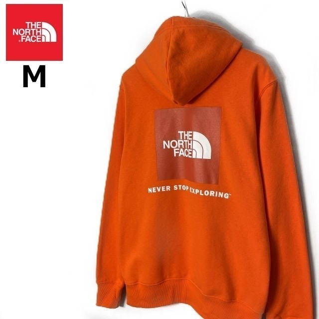 1円～!売切!【正規新品】THE NORTH FACE BOX NSE PULLOVER HOODIE プルオーバー パーカー US限定 裏起毛 アウトドア(M)オレンジ 181130-18