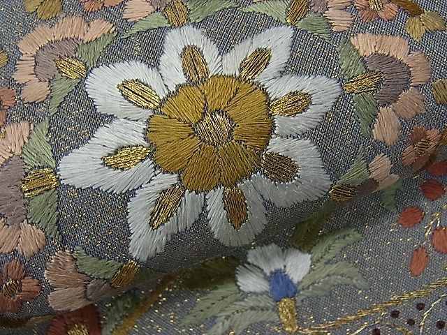 平和屋1□袋帯 総刺繍 鳳凰正倉院花唐草文 金通し