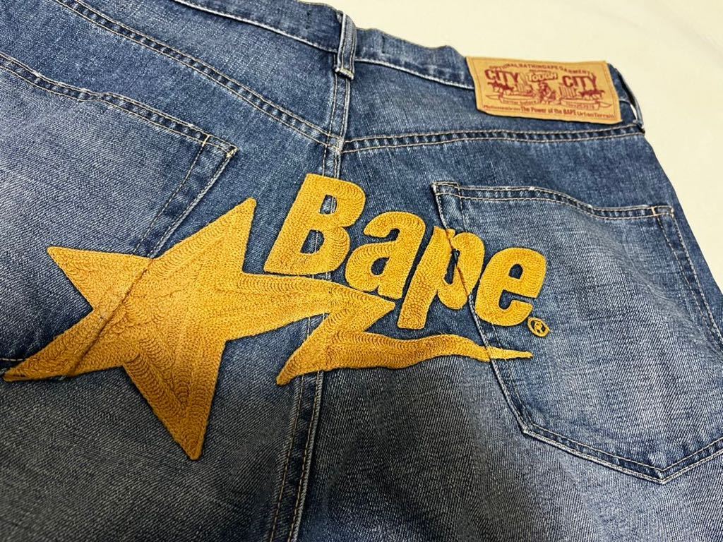 APE A BATHING APE デニム ハーフパンツ 刺繍 Lサイズ