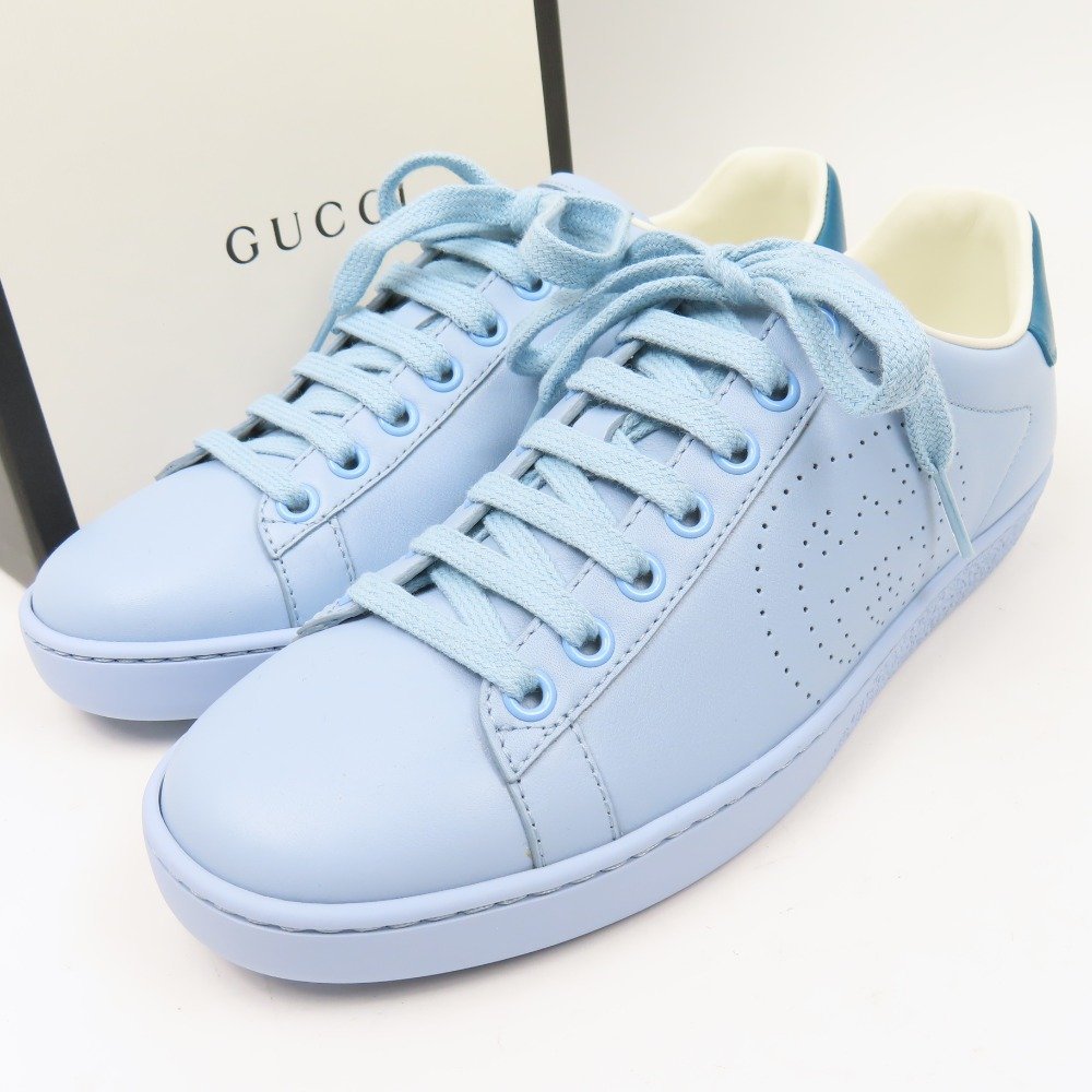 67325★1円スタート★GUCCI グッチ 未使用品 GG柄 パンチングロゴ 靴 シューズ 35 1/2 22.5cm スニーカー レザー ブルー