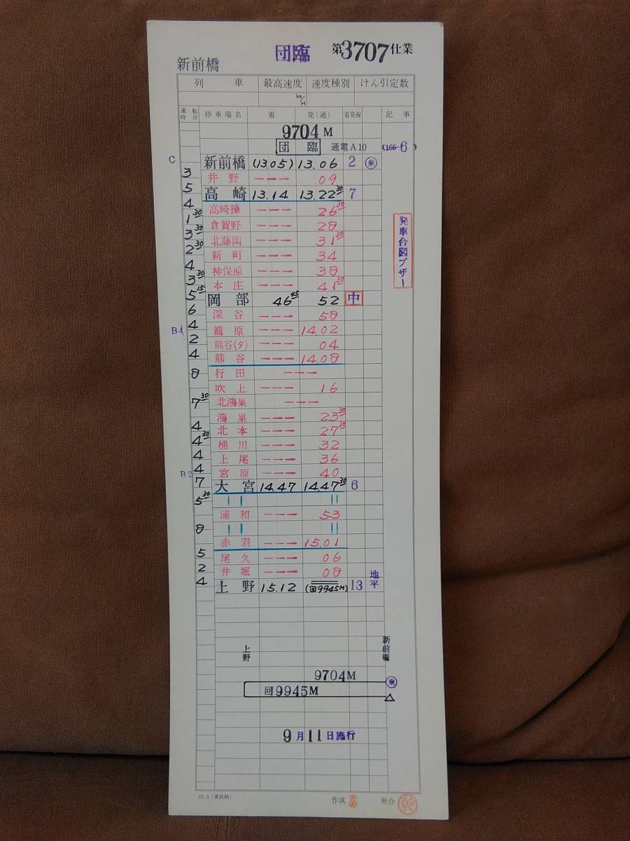 運転士時刻表 スタフ 新前橋電車区 団臨第3707仕業 9704M 新前橋-上野 