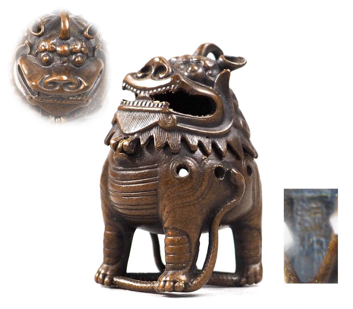 M# 古銅 香炉 獅子 狛犬 蛇 端 ろくたん 祥瑞 刻銘「銅虫」 北海道 