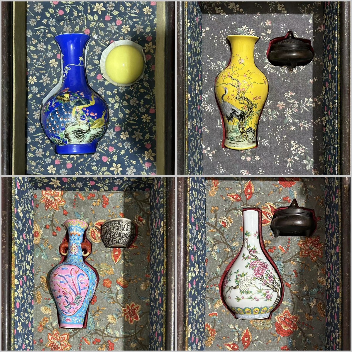 清時代　粉彩　花鳥文瓶　四点　唐物 中国美術　箱付　