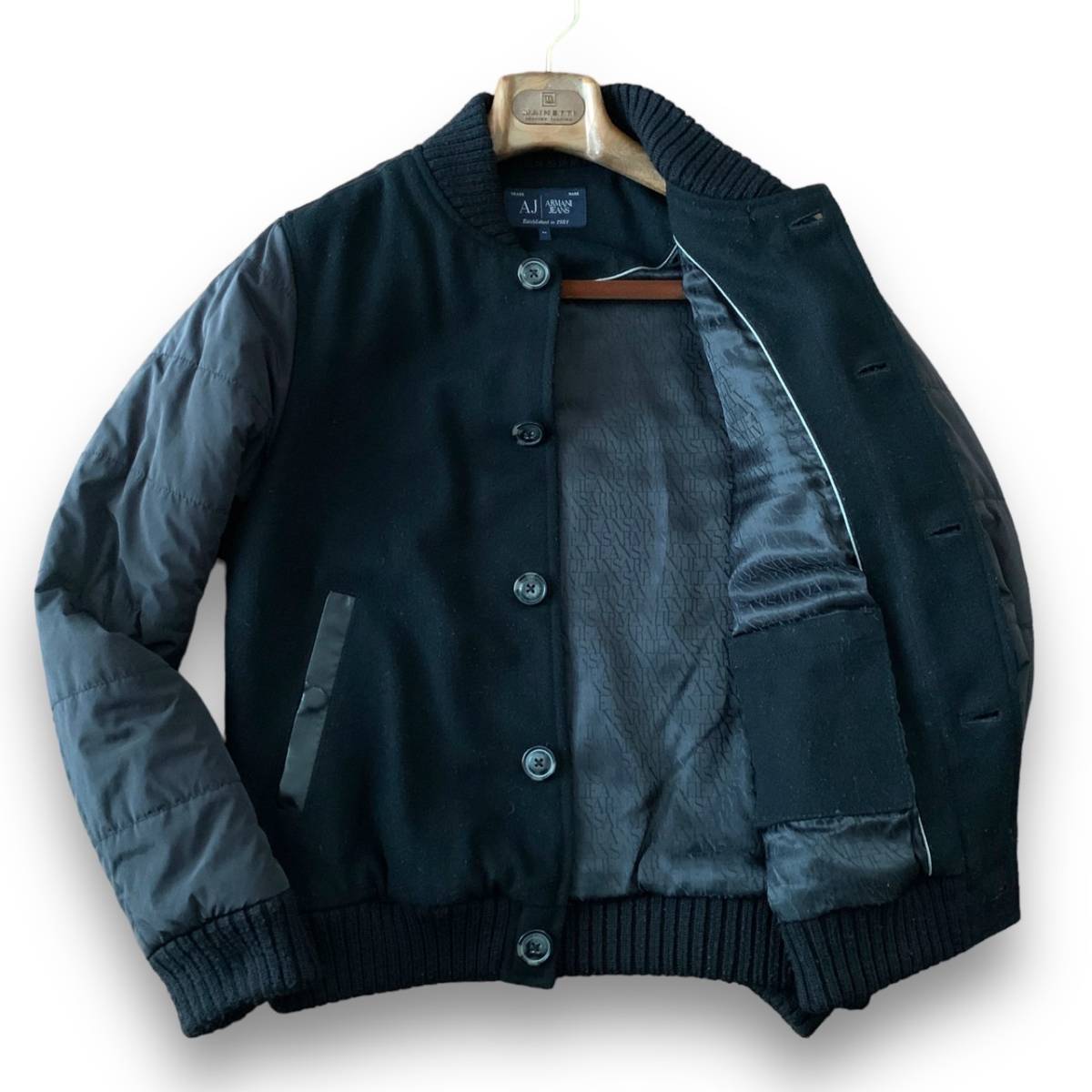 B15 美品 L前後 50『アルマーニジーンズ ARMANI』ラムレザー 使い メルトンウール スタジアム ジャケット ブルゾン スタジャン スカジャン 