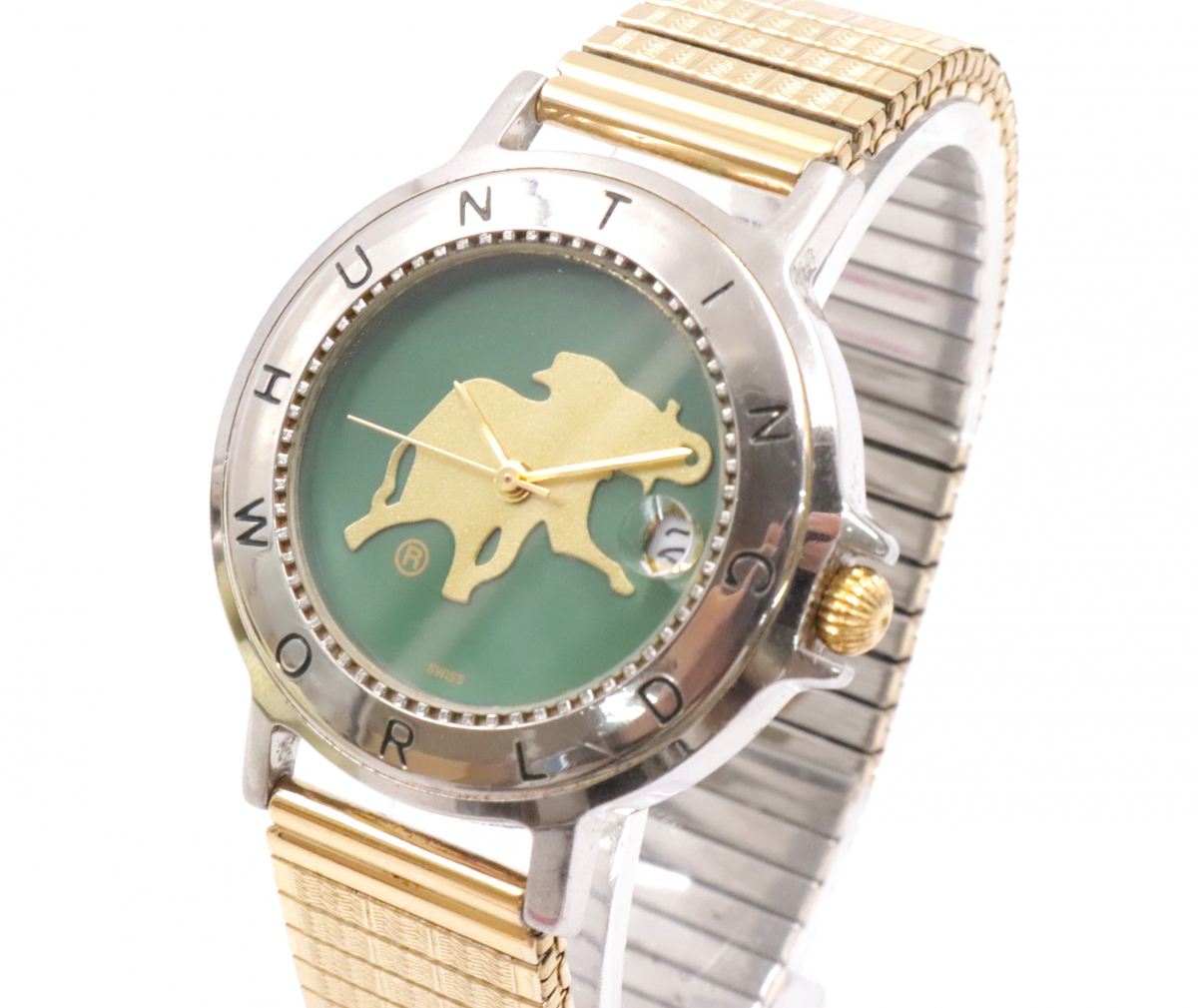 【ト長】HUNTING WORLD ハンティングワールド WTW1/170 クォーツ デイト メンズ腕時計 カーキ シルバー 社外ベルト IR000IOB91