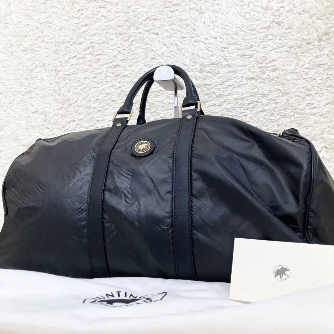 HUNTING WORLD　ハンティングワールド　ボストンバッグ　旅行カバン　レザー　革　ナイロン　バチューサー　黒　ブラック　金ロゴ