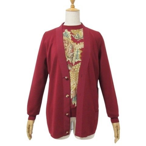 HA11◆フェラガモ ニット アンサンブル エンジ系柄 M イタリア製 カーディガン 長袖カットソー ウール シルク ツインニット FERRAGAMO