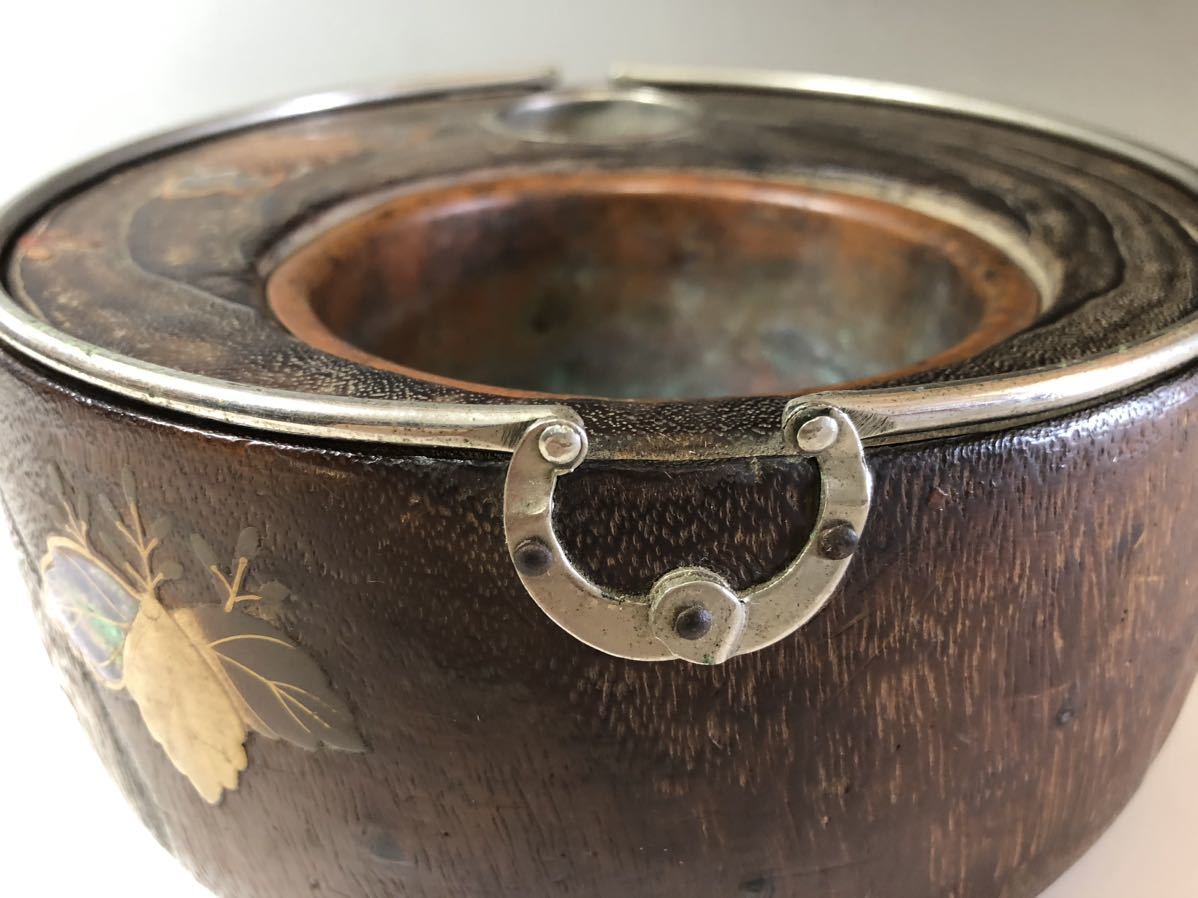 人気定番，大得価 時代物　木製桐製蒔絵螺鈿花葉紋様　手提げ煙草盆　お茶道具