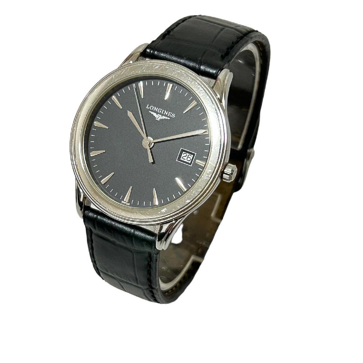 LONGINES ロンジン L4.716.4 フラッグシップ デイト 黒文字盤 クォーツ 革ベルト