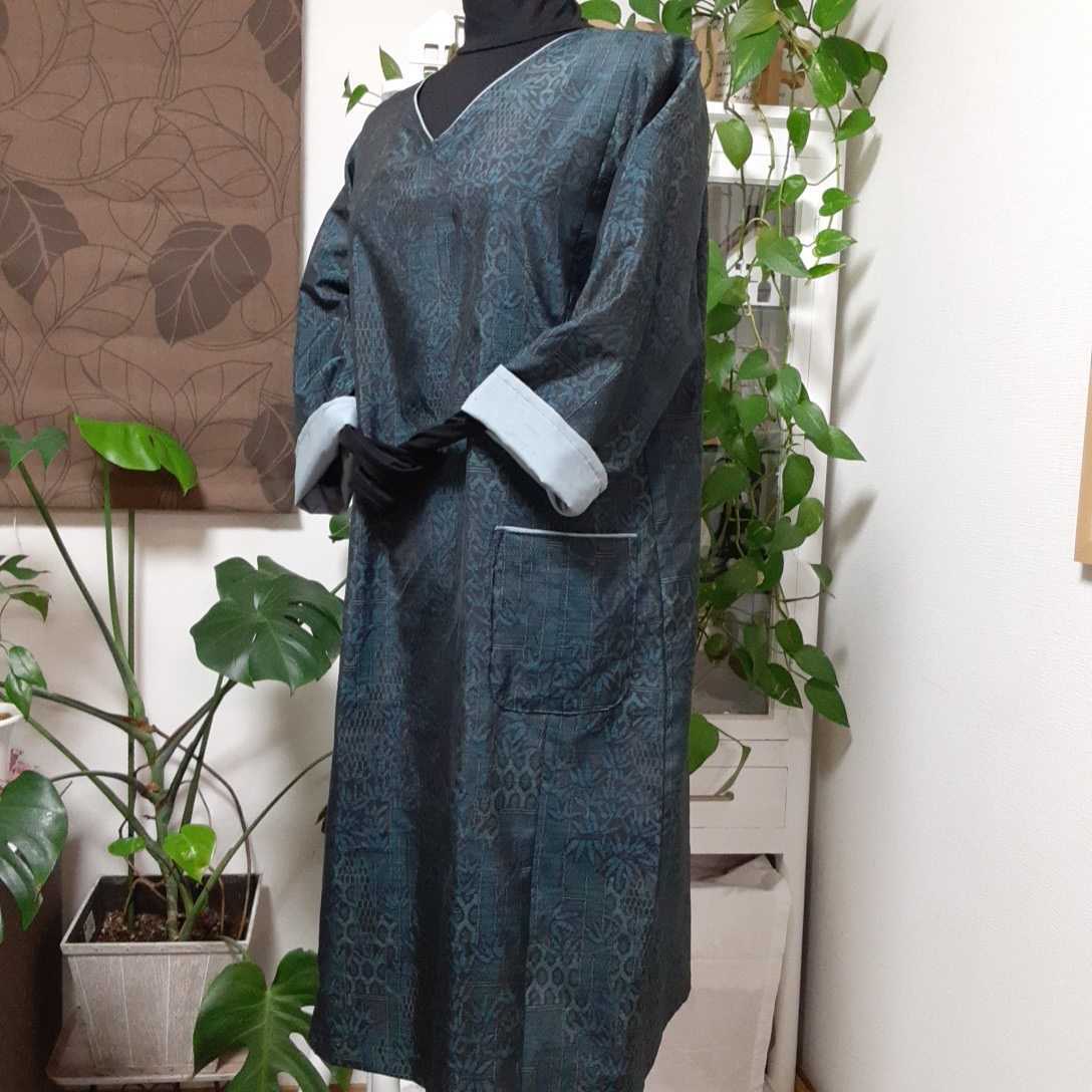 ☆着物リメイク 笹柄？大島紬 シンプルワンピース 1点物 正絹 上品 L