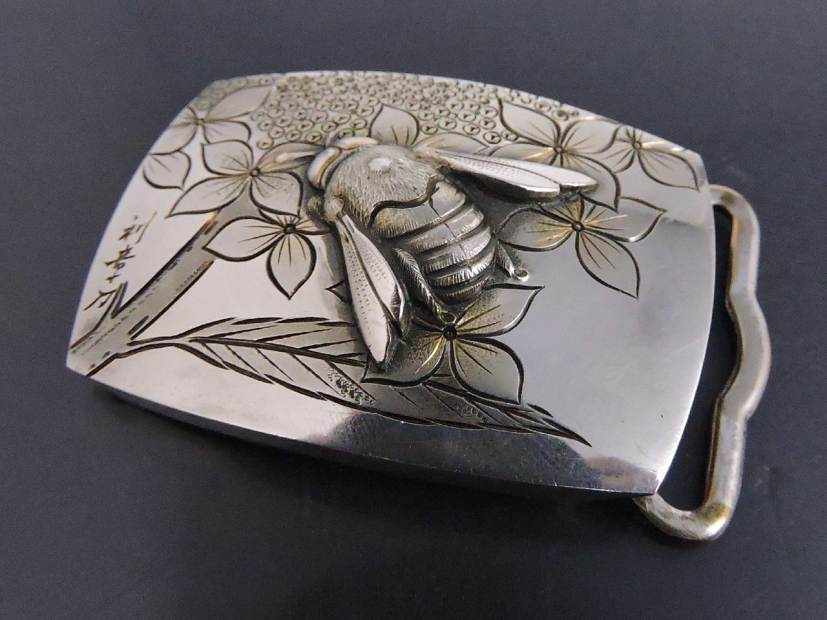 シルバー950 利章刀 ベルトバックル 花 蜂デザイン 銀工芸品 差し込み 