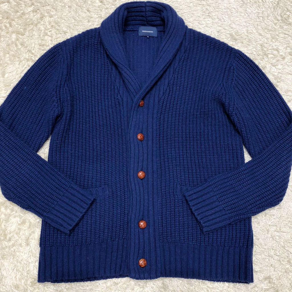超希少XL！ユニオンステーション【極上の着心地】UNION STATION ショールカラー ニットカーディガン ブルー系 くるみボタン 厚手 ウール LL