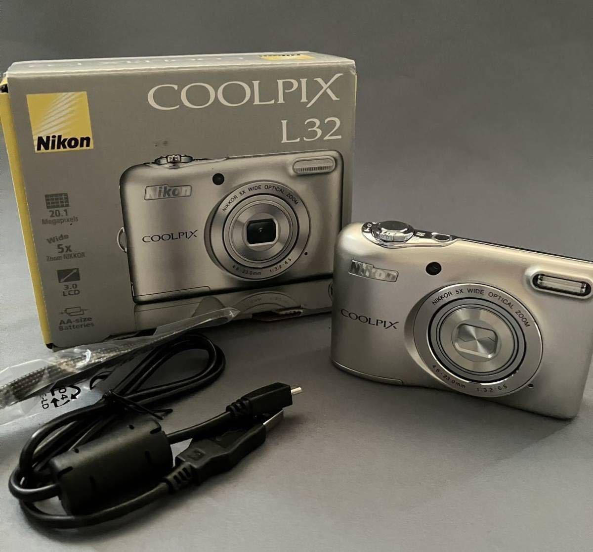 付属品付【美品】Nikon COOLPIX L32 シルバー　乾電池　単三 Nikon ニコン COOLPIX L32クールピクス コンパクトデジタルカメラ