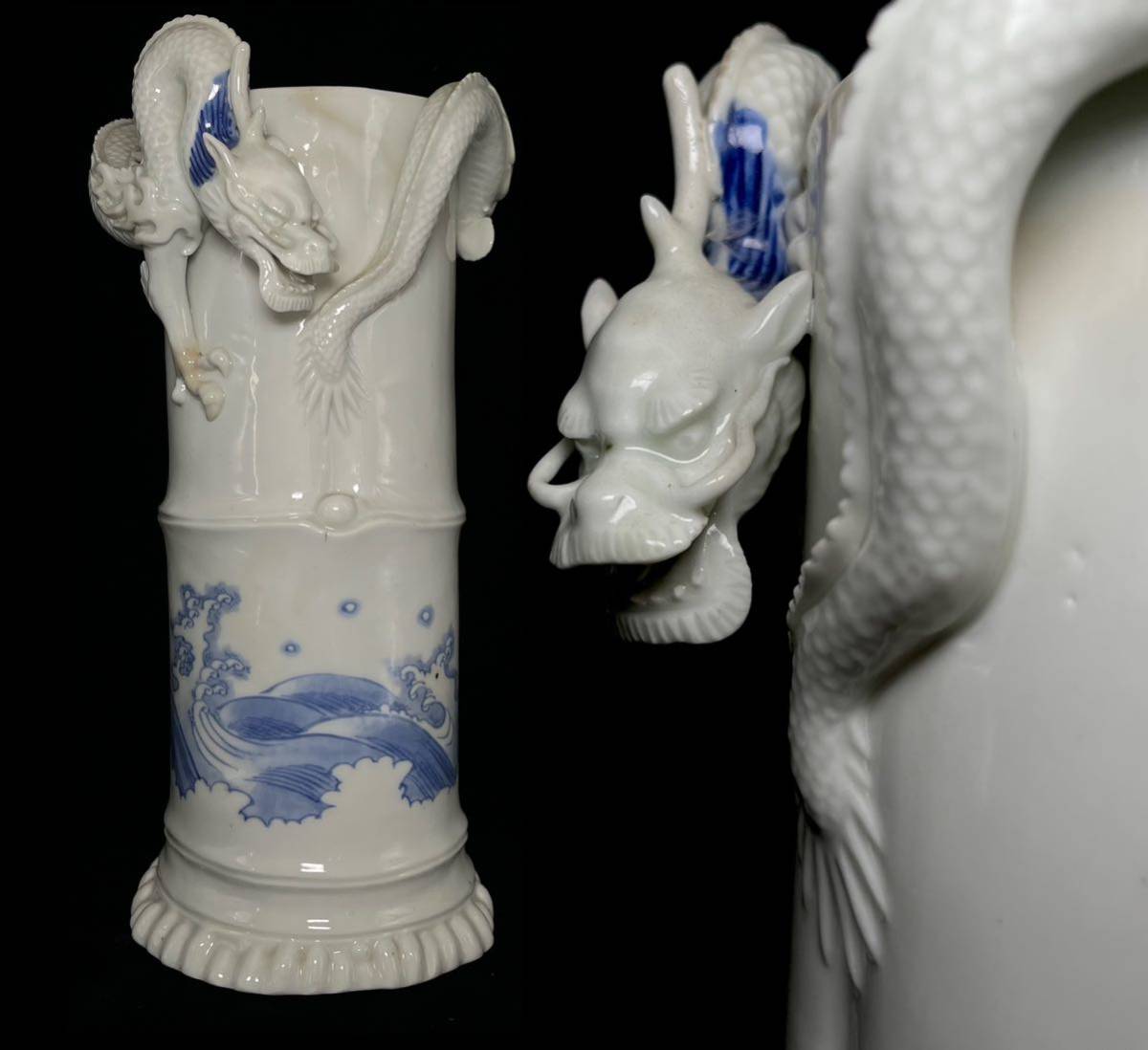 田島万古焼 田嶋 勝三窯 山水彫り 花器 壺 巨大 特大 高さ：39cm