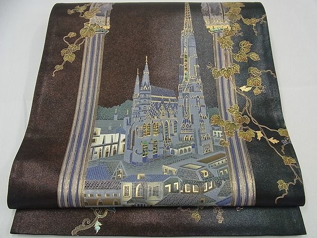 平和屋1□極上 螺鈿作家 甲斐泰造 袋帯 西洋風景 反端付き 逸品3s3735
