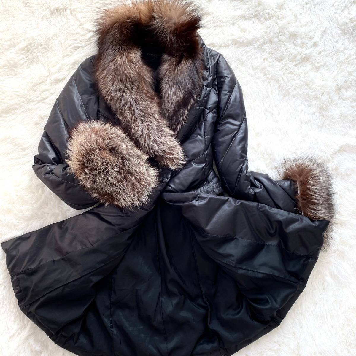 ＃美品 プレミアム リアルファー ダウンコート レディース M ダウン80%羽毛90% ショールカラー 女優襟 ラクーン 黒 PREMIUM 231116