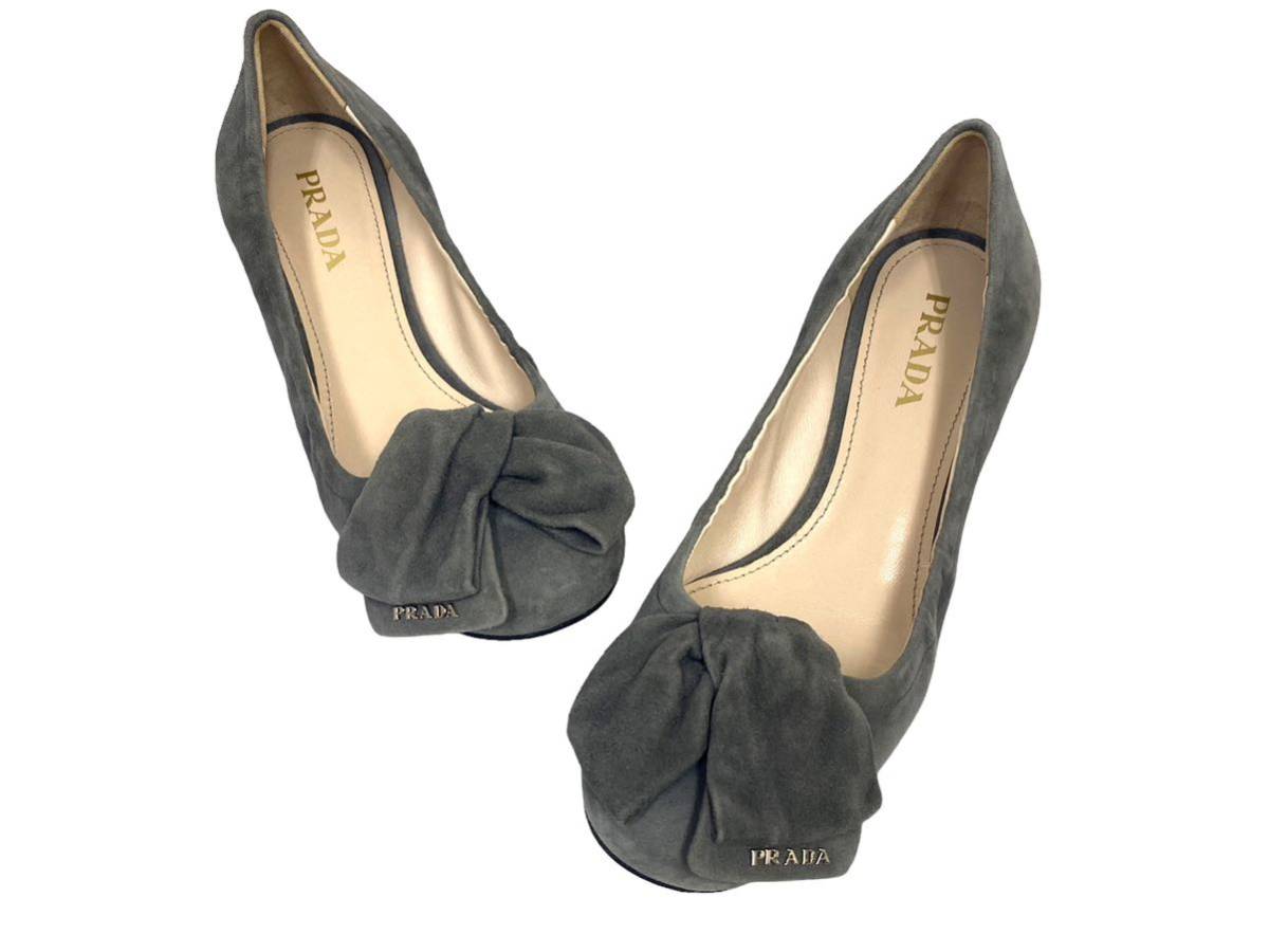 超超美品！！ PRADA プラダ スエードリボンローヒールパンプス 36ハーフ グレー系 りぼんパンプス シューズ 361/2