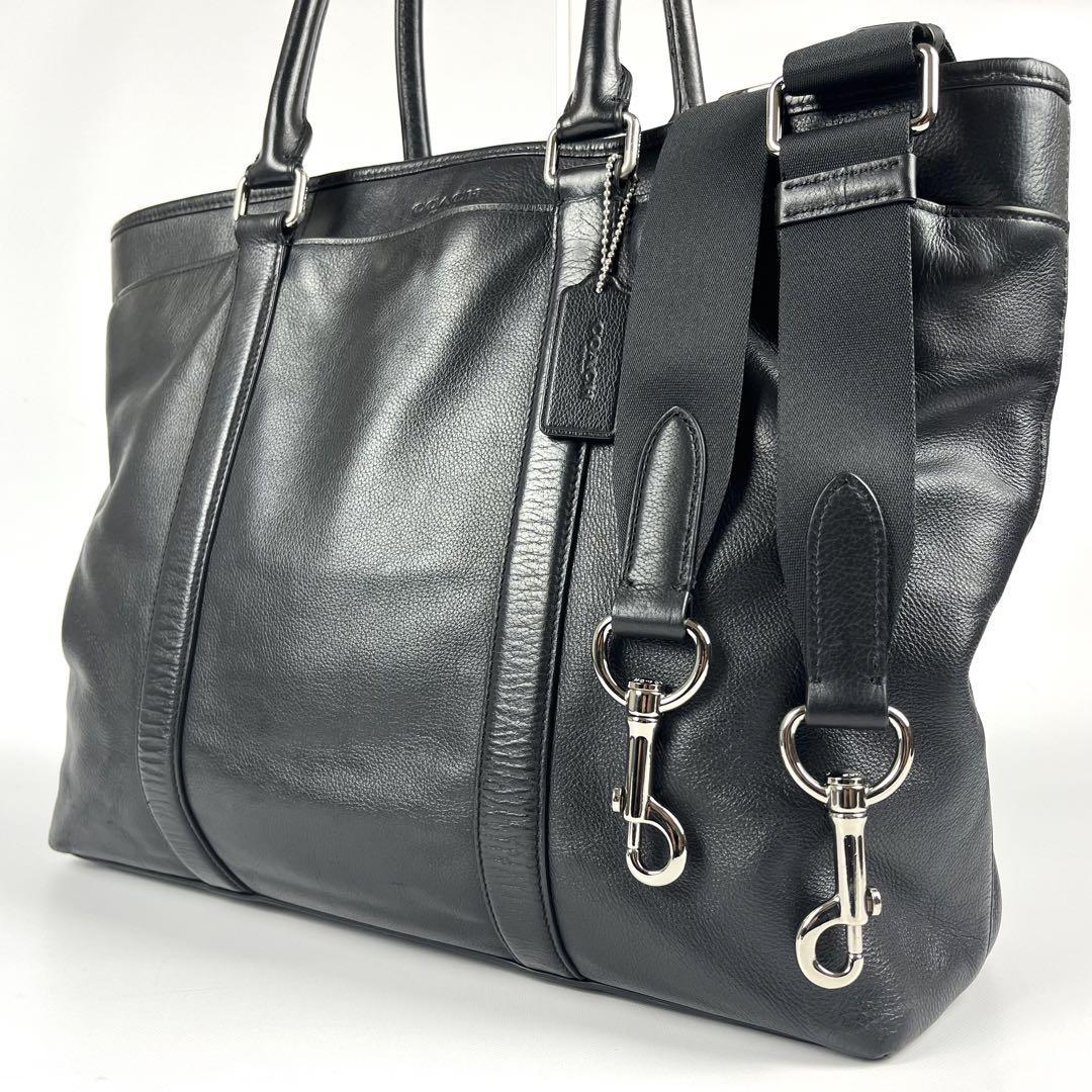 1円【美品】COACH コーチ F54758 ペリー スムース レザー シボ革 メンズ ビジネス トートバッグ メトロポリタン 2way A4収納 ブラック 黒