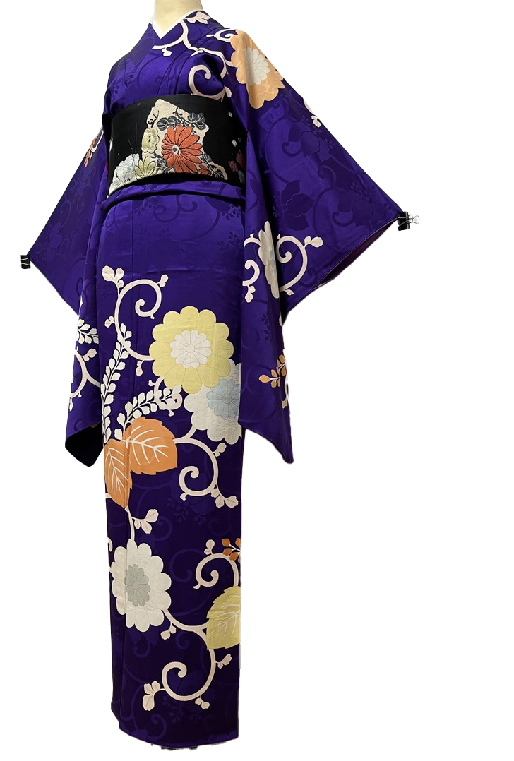 正絹 アンティーク 訪問着 / 濃紫 / 桐 / 菊花 / 唐草 / 赤裏地 / 同梱