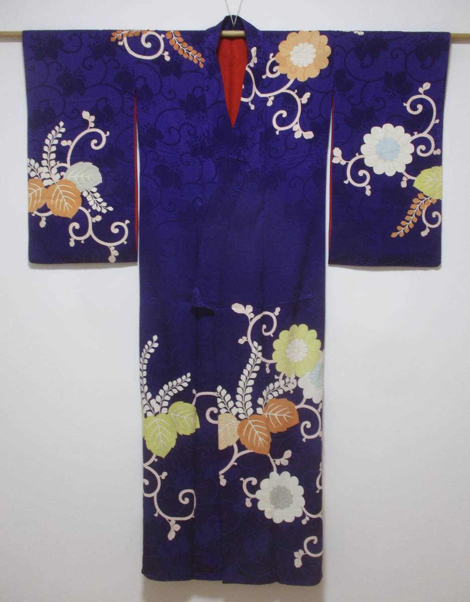 正絹 アンティーク 訪問着 / 濃紫 / 桐 / 菊花 / 唐草 / 赤裏地 / 同梱