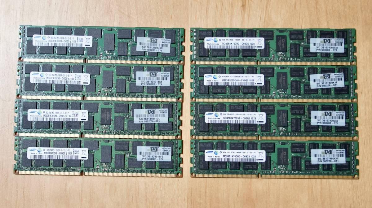 64GB SAMSUNG 8GB x8枚 2Rx4 PC3-10600R-09-10-E1-P1 ECC付認識、動作確認済み
