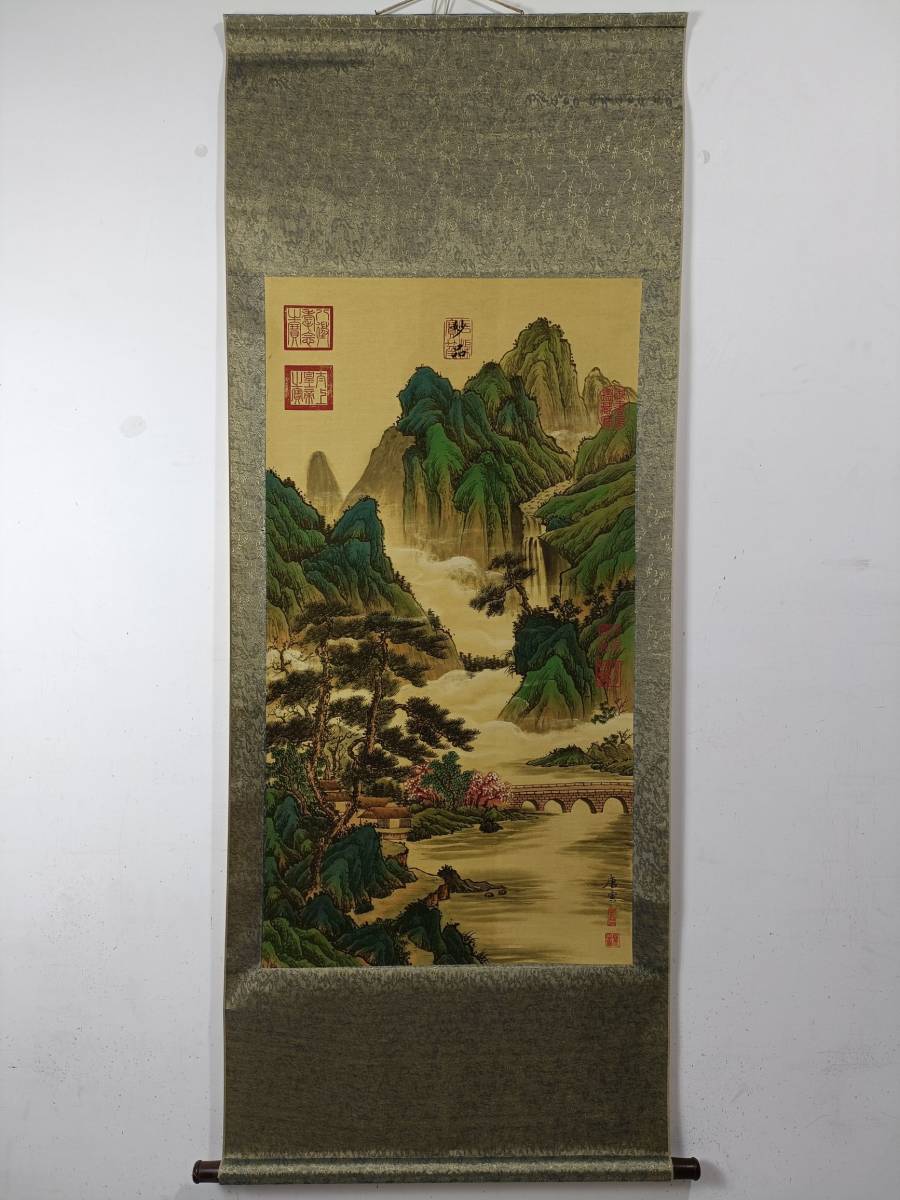 T清代 中国 古画 收藏 めったにない 重な古代絹の表装唐寅【山水が