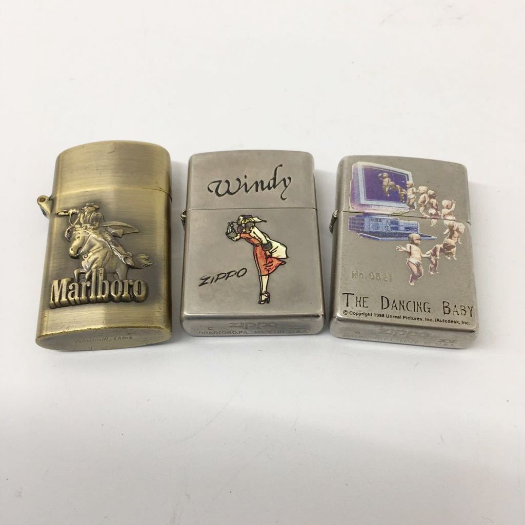 【3点セット】ZIPPO ジッポー THE DANCING BABY/WINDY/Marlboro windmill china ゴールド　オイルライター【IK-00953】