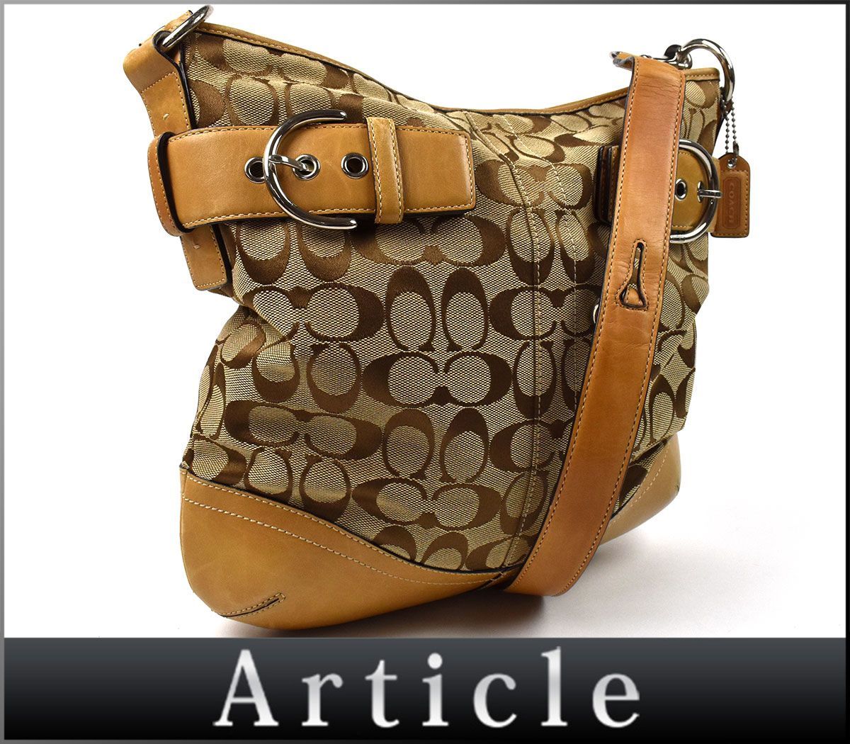166715 COACH コーチ ショルダーバッグ 斜めがけ 3593 キャンバス レザー 革 ベージュ ブラウン シグネチャー レディース ...