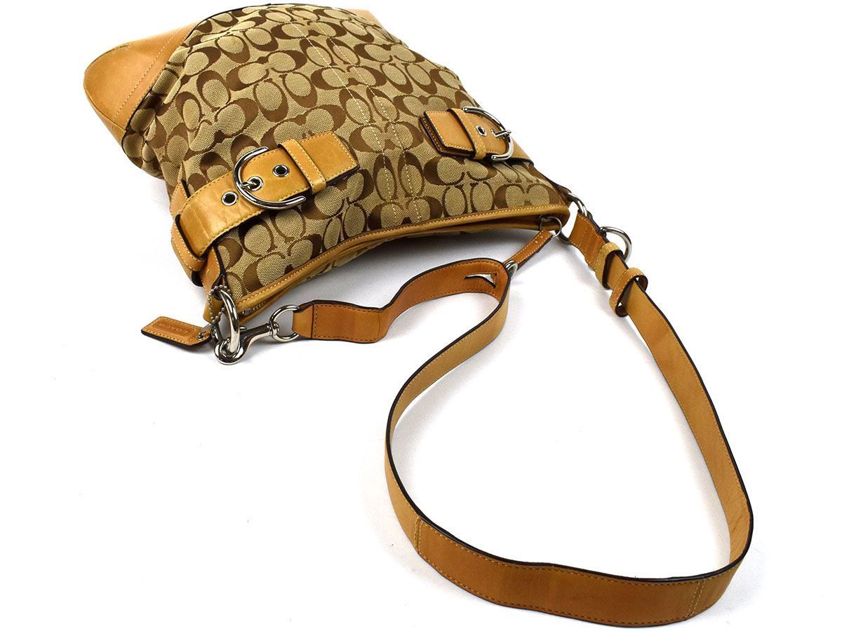 166715 COACH コーチ ショルダーバッグ 斜めがけ 3593 キャンバス レザー 革 ベージュ ブラウン シグネチャー レディース ...