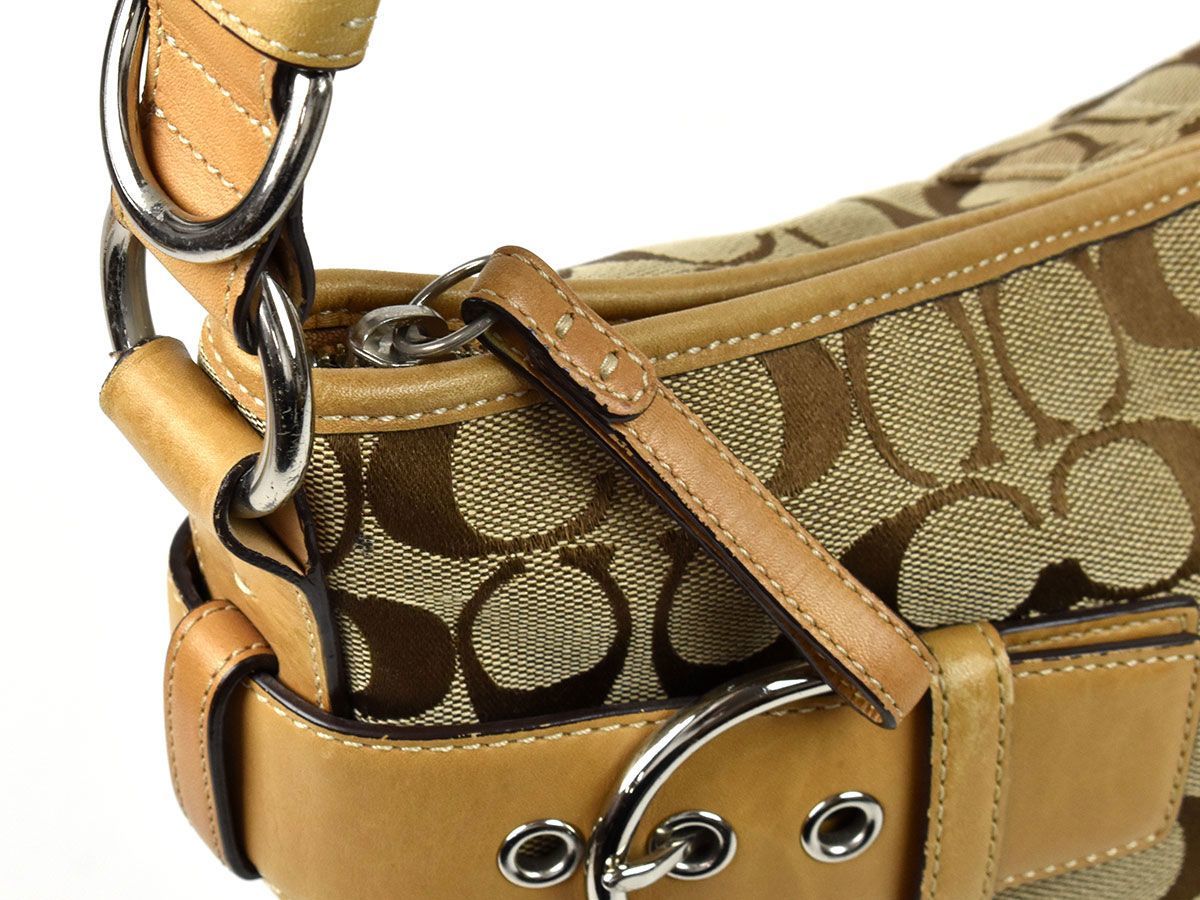 166715 COACH コーチ ショルダーバッグ 斜めがけ 3593 キャンバス レザー 革 ベージュ ブラウン シグネチャー レディース ...