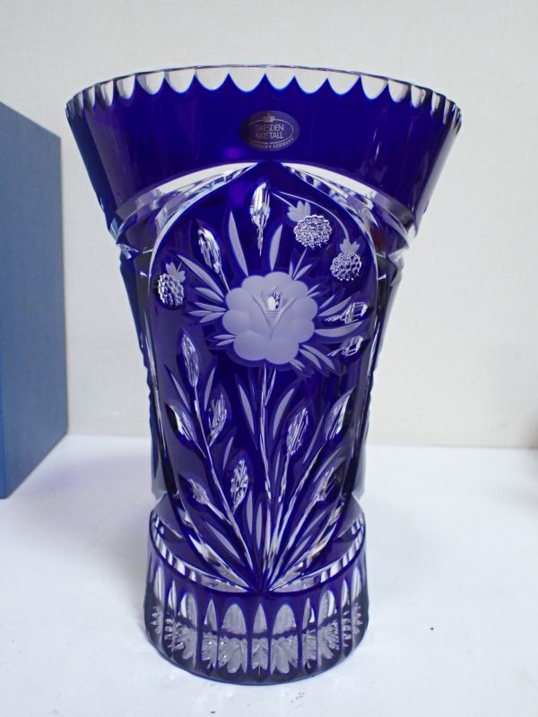 豊F824/1J自☆美品 DRESDEN KRISTALL ドレスデン クリスタル カットガラス 26.3cm 花瓶 フラワーベース 花器 Schonborn Germany ブルー☆_1