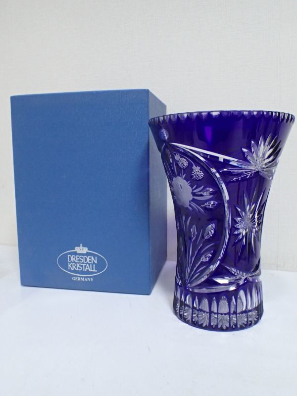 豊F824/1J自☆美品 DRESDEN KRISTALL ドレスデン クリスタル カットガラス 26.3cm 花瓶 フラワーベース 花器 Schonborn Germany ブルー☆_5